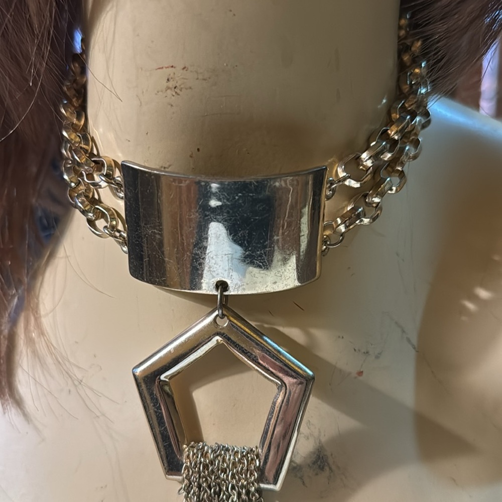 DOUBLE GOLD CHAIN MODERN CHOKER WITH GOLD HANGING FRINGE - Picture 3 of 5